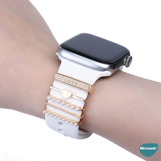 Microsonic Apple Watch SE 2022 40mm Kordon Süsü Charm Kalp Ve Nazar Boncuğu