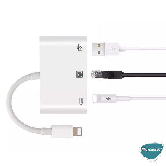 Microsonic Lightning to Ethernet & USB Adapter Kablo, iPhone, iPad USB, Ethernet Dönüştürücü Adaptör Beyaz