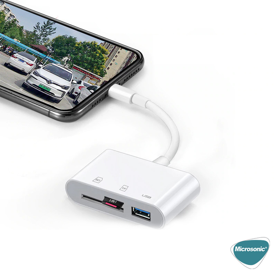 Microsonic Lightning to Multi-Function Adapter Kablo, iPhone Dönüştürücü Kablo USB, SD, Mikro SD Kart Okuyucu Adaptör Beyaz