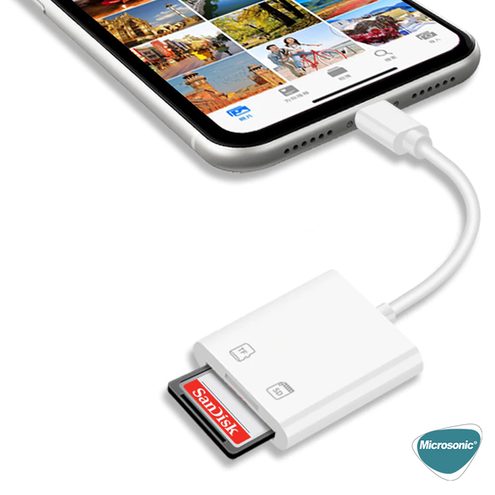 Microsonic Lightning to SD Card Camera Reader Kablo, iPhone SD, Mikro Sd Kart Okuyucu Kablo, Adaptör Beyaz