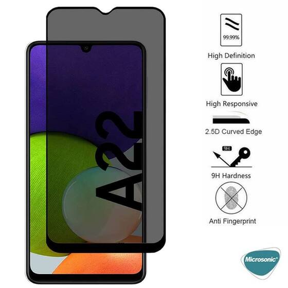 Microsonic Samsung Galaxy A22 4G Privacy 5D Gizlilik Filtreli Cam Ekran Koruyucu Siyah