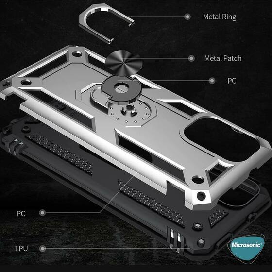 Microsonic Xiaomi Poco M3 Kılıf Military Ring Holder Gümüş