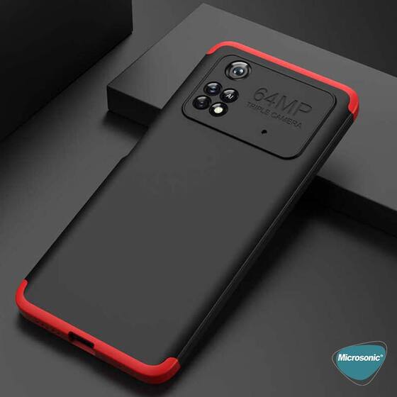 Microsonic Xiaomi Poco X4 Pro 5G Kılıf Double Dip 360 Protective Siyah Kırmızı