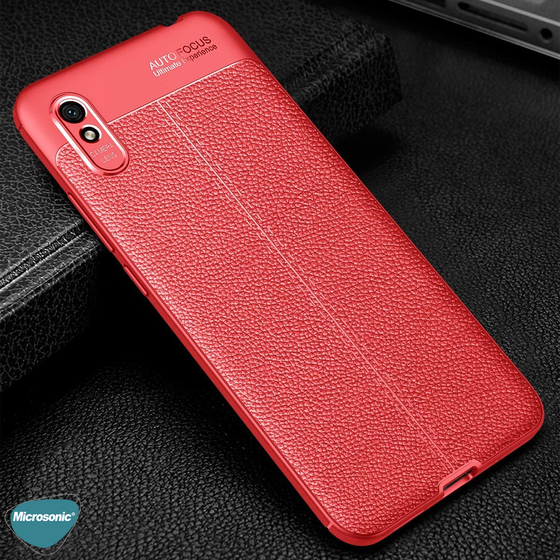 Microsonic Xiaomi Redmi 9A Kılıf Deri Dokulu Silikon Kırmızı
