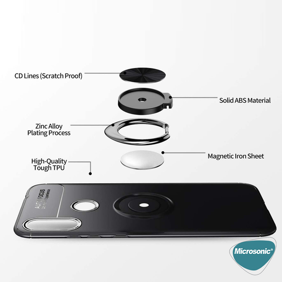 Microsonic Xiaomi Redmi Note 7 Pro Kılıf Kickstand Ring Holder Siyah