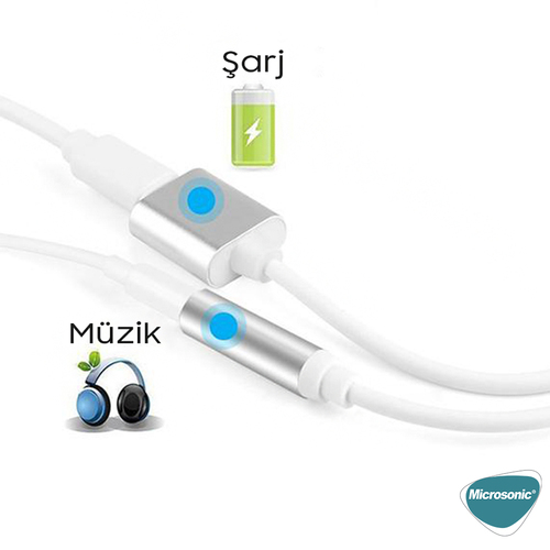 Microsonic 3.5mm to Type-C & Lightning Kablo, iPhone Ses Aux Kablo dönüştürücü Beyaz