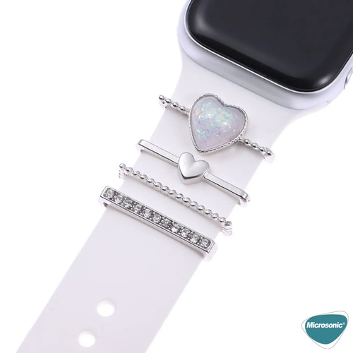 Microsonic Apple Watch SE 2022 40mm Kordon Süsü Charm İnci Kalp Gümüş