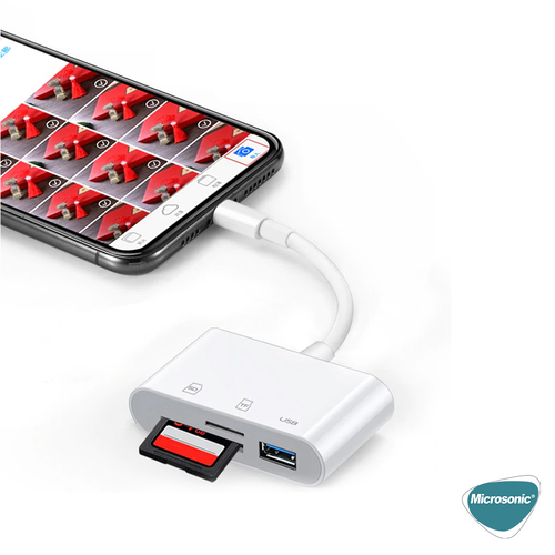 Microsonic Lightning to Multi-Function Adapter Kablo, iPhone Dönüştürücü Kablo USB, SD, Mikro SD Kart Okuyucu Adaptör Beyaz