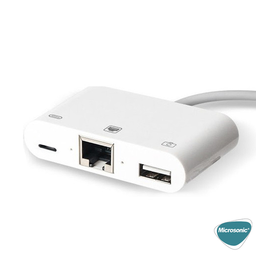 Microsonic Type-C to Ethernet & USB Adapter Kablo, Macbook İOS Typ-C USB, Dişi Typ-C Kablo AdaptörBeyaz