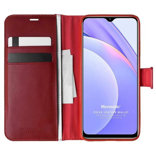 Microsonic Xiaomi Redmi Note 9 4G Kılıf Delux Leather Wallet Kırmızı